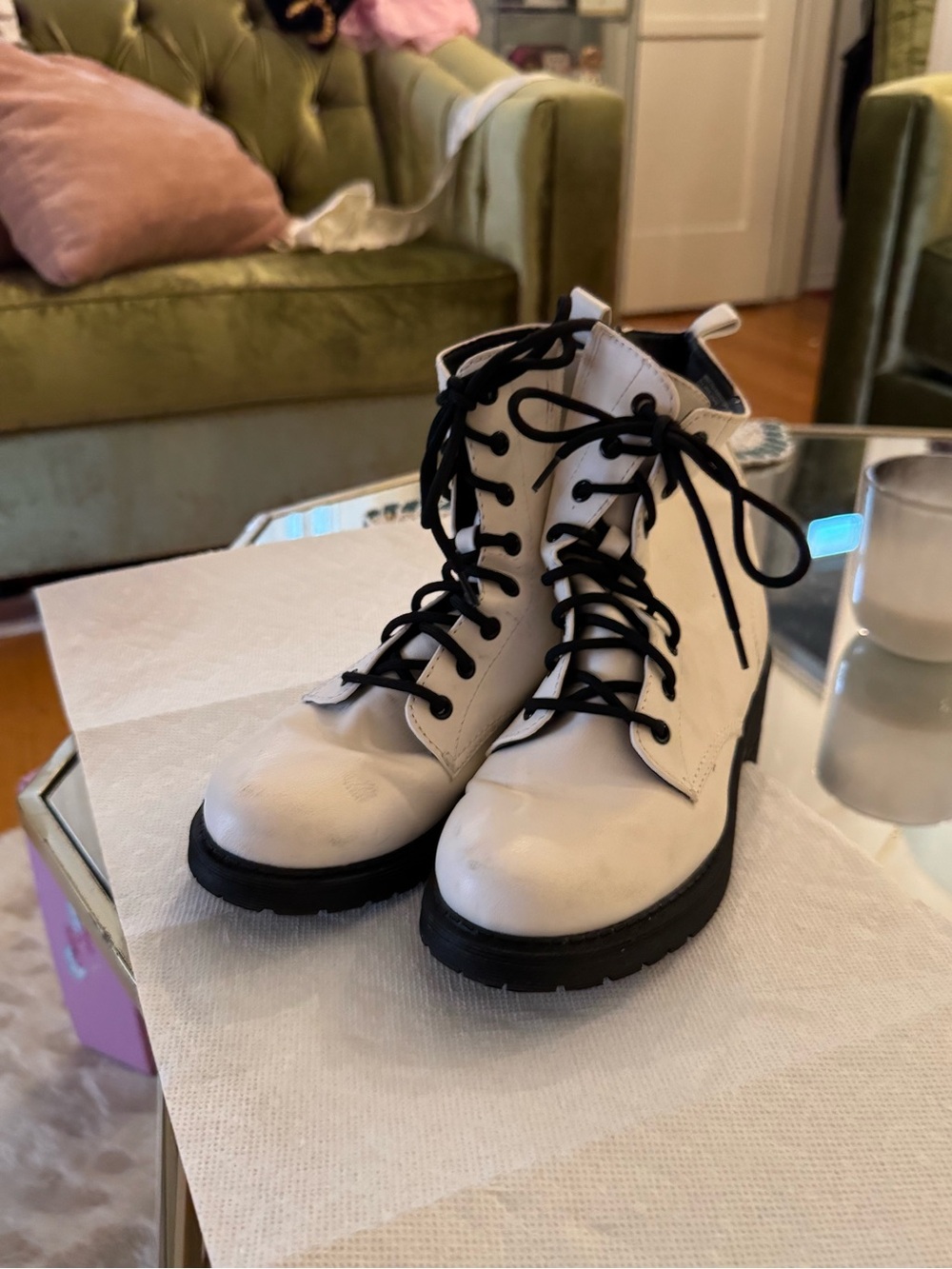 Women's White Lace-Up Combat Boots with Black Soles